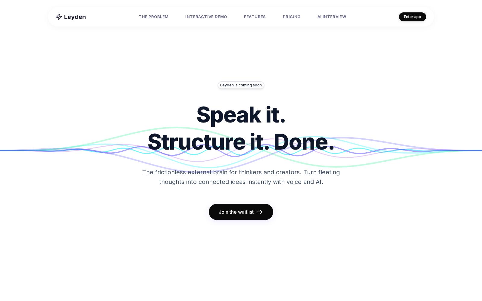Leyden pre-launch landing page introducing AI-powered idea capture across web and mobile
