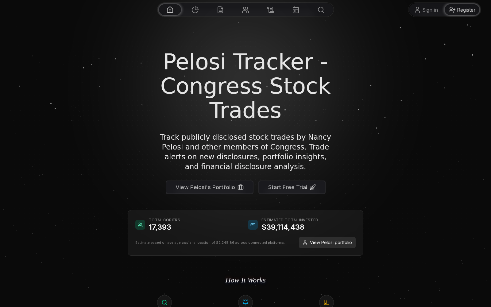 Pelosi Tracker dashboard landing page showing live congressional stock trade disclosures
